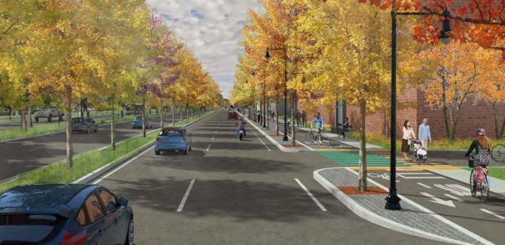 A rendering of a redesigned Morrissey Boulevard with more trees, fewer car lanes, and a protected bike lane, from a 2017 Mass. Department of Conservation and Recreation plan.