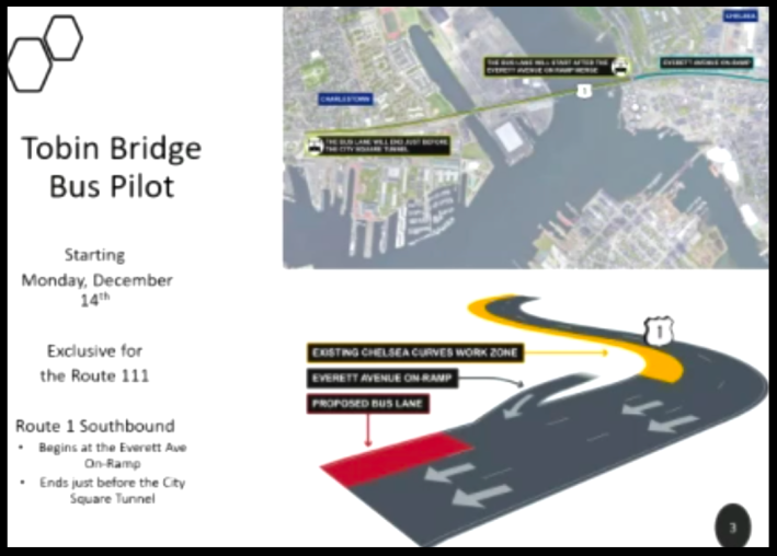 Sketch of MassDOT's Tobin Bridge bus lane pilot, to take effect in December 2020. Courtesy of MassDOT.