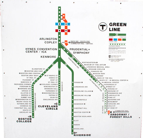 A late-1980s map of the Green Line shows the "suspended" segment of the E branch to Forest Hills. The T has long since given up any pretext of resurrecting light rail service through Jamaica Plain. Courtesy of the MBTA.