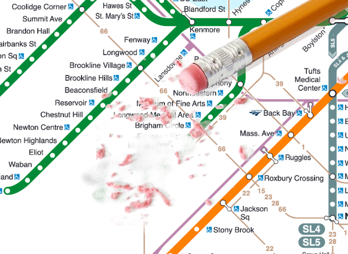The MBTA's proposed service cuts for 2021 would eliminate five stops at the end of the Green Line's E Branch in Boston's Mission Hill neighborhood.