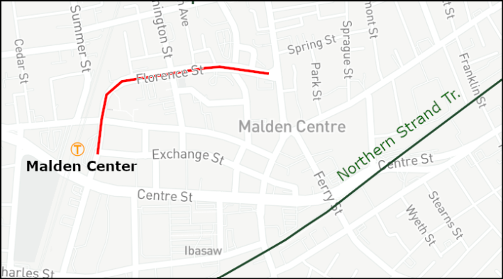 The new bus lane extends along Florence Street (highlighted in red) to the Malden Center Orange Line station.
