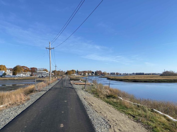 The new Northern Strand Trail skirts the edge of the Saugus River marshes as it approaches Lynn. Photo courtesy of Bike to the Sea.
