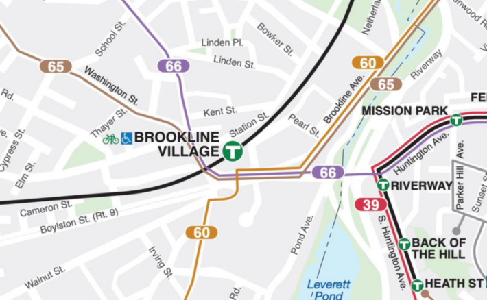 A detail of the MBTA bus route map showing Washington Street in Brookline Village, where routes 60, 65, and 66 all converge. Courtesy of the MBTA.