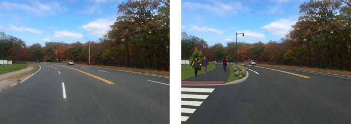 The current Hammond Pond Parkway (left) is a four-lane road without sidewalks; a rendering of a proposed reconstruction project (right) illustrates how the roadway would be narrowed, and how former car lanes would be transformed into a bike path with additional greenery. Courtesy of the Massachusetts DCR.