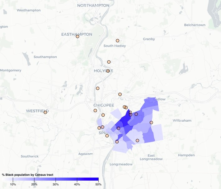 A plot of fatal crashes that involved a bike rider or pedestrian between 2018 and 2020 in the Pioneer Valley. Neighborhood where Black residents make up 10 percent or more of the total neighborhood population are shaded in blue. View an interactive version of this map at https://observablehq.com/@vigorousnorth/bike-ped-fatalities-and-race-in-massachusetts