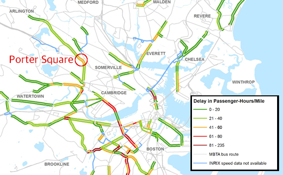 A map of bus delay on a typical weekday, highlighting the Porter Square bottleneck in Cambridge. Courtesy of CTPS.