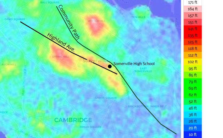Highland Avenue on an elevation map of Somerville. Because it follows the ridge between Spring and Prospect Hills, many bicycle users prefer Highland to parallel routes, like Summer Street.
