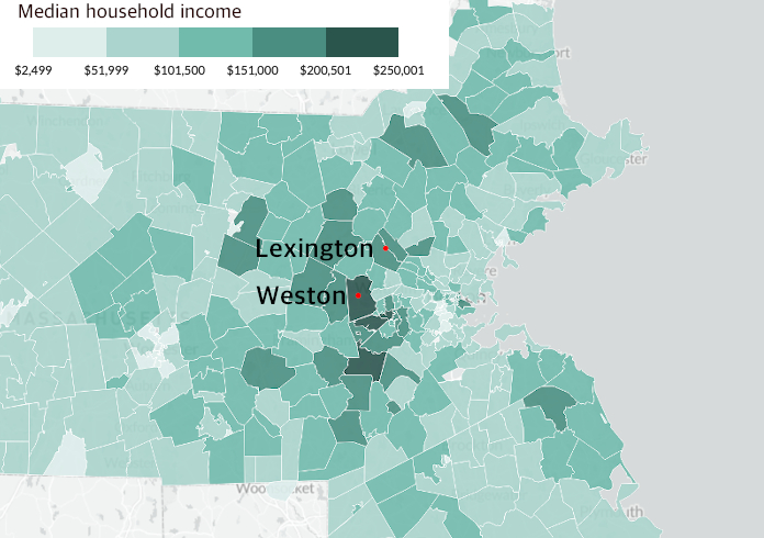 Median household income by ZIP code in Massachusetts. Some of the state's wealthiest communities, in the transit-accessible suburbs of greater Boston, have also been the greatest beneficiaries of the state's electric vehicle subsidy programs.