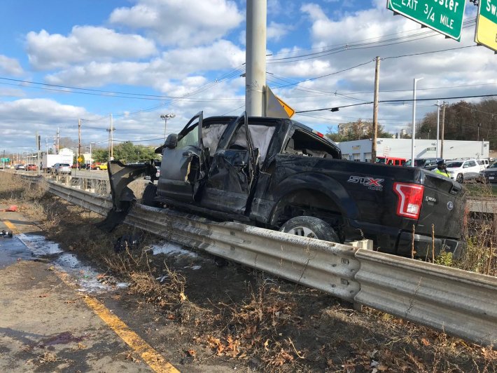 A wrecked pickup truck rests in the median of Route 1 in Lynnfeild following a police chase in November 2020. Photo courtesy of the Massachusetts State Police.