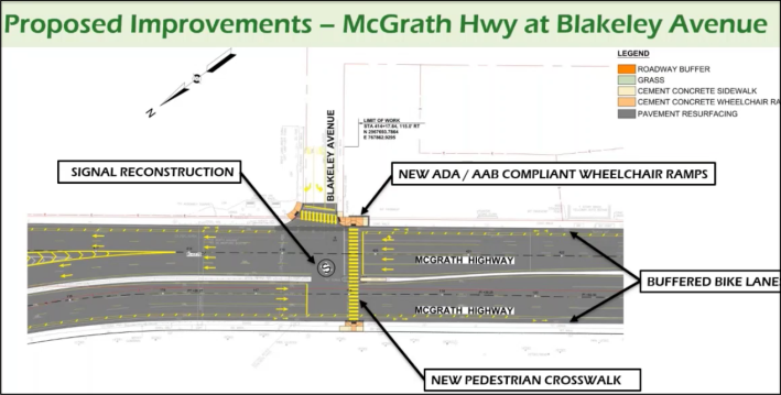 A proposed new crosswalk and traffic signal at McGrath Highway and Blakeley Avenue (near the Somerville Stop & Shop supermarket) from a December 2020 public hearing on proposed safety improvements at the Fellsway/McGrath Highway/Mystic Ave. interseciton. A separate MassDOT project, beginning one block to the south, would reduce McGrath Highway to a four-lane cross-section. Courtesy of MassDOT.