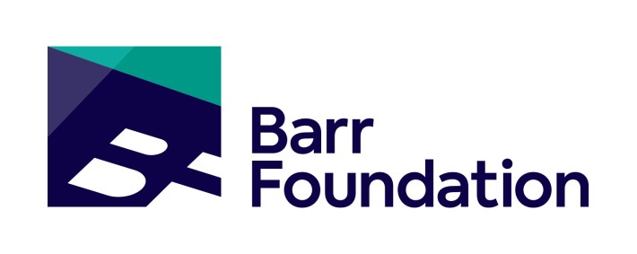 Barr Foundation logo - a square bisected by two skewed lines to create four sectors in shades of green and blue. The largest lower-right sector contains the letters B and F. To the right are the words "Barr Foundation"