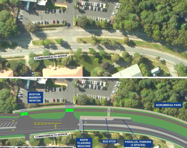 A proposed MassDOT road diet near the Charles River in Newton would reduce the number of car lanes on Commonwealth Avenue and use some of the former roadway space to create new greenspace and a two-way bike path. Courtesy of the Town of Newton.