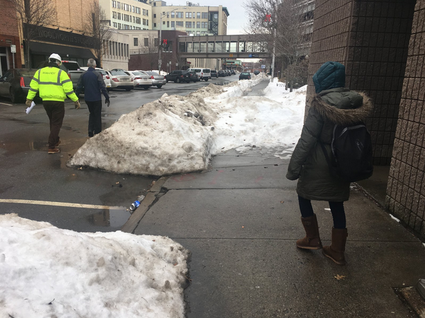 Downtown Malden sidewalk blocked by a snowbank, credit WalkBoston