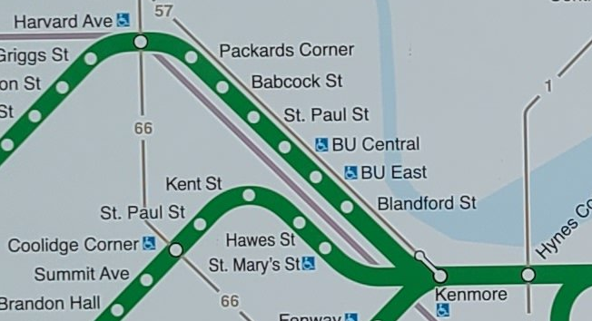 A detail of the new Green Line "B" branch with consolidated stops, pictured on a new MBTA map installed at Ruggles in April 2021.