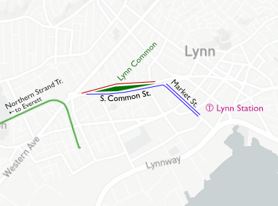 Map of new bus and bike lanes on Market St. and Common St. in Lynn, April 2021