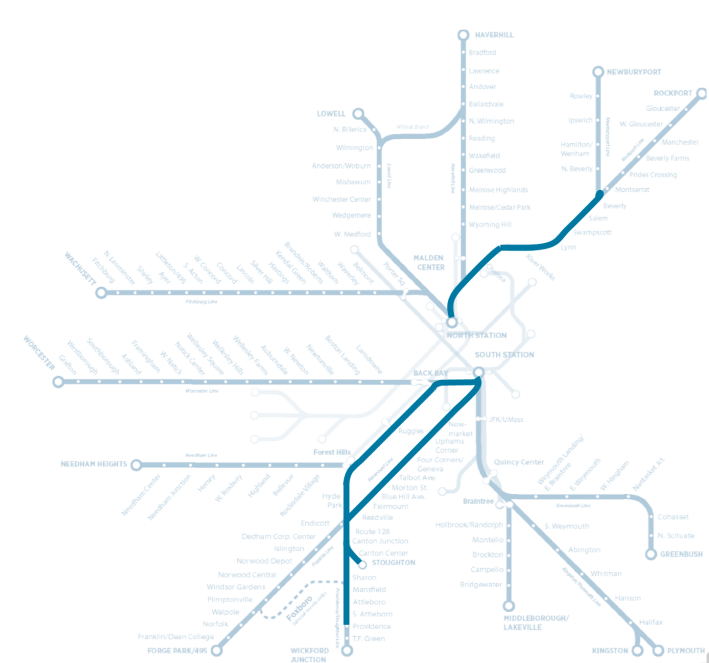 A map of regional rail lines scheduled for upgrades under phase one of the MBTA's 'rail vision' plan. To support more frequent, all-day service, the T wants to electrify trains on the Providence and Fairmount lines, and the Newbury-Rockport line as far as Beverly. Courtesy of the MBTA.