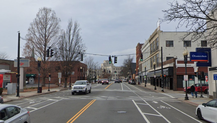 New bike lanes on Market Street in downtown Lynn, looking north towards Lynn City Hall. Image courtesy of Google Maps.