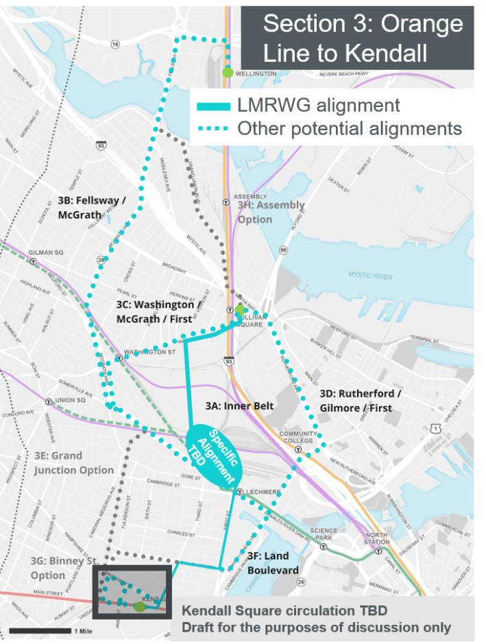 Silver Line Extension Analysis: potential routes through Sullivan and Kendall Squares.