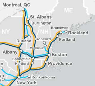 A detail of proposed intercity rail services in New England from Amtrak's "Connect US: A Vision to Grow Rail Service Across America" fact sheet. Dark blue lines indicate existing Amtrak routes; light blue lines show proposed new services; and orange lines show proposed "enhanced" services. Courtesy of Amtrak.
