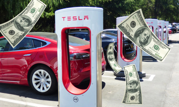 A photo illustration of a Tesla parked at a charging station with hundred-dollar bills flying around
