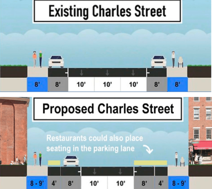 Beacon Hill Civic Association proposal to reconfigure Charles Street with one less car lane and additional sidewalk space