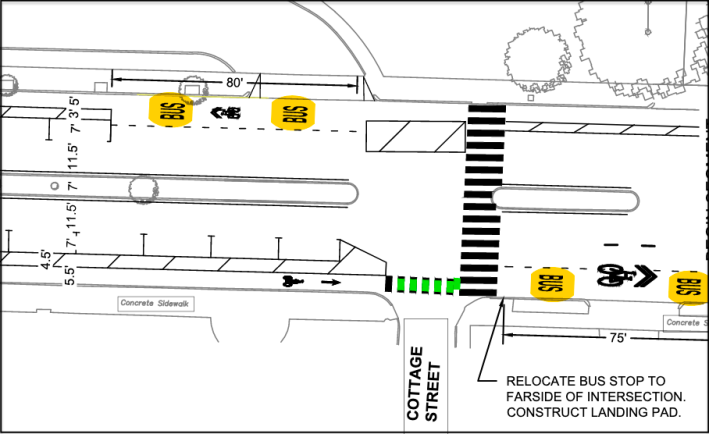 A detail of Belmont's plans for parking-protected bike lanes on Concord Ave. near the town's high school campus. Courtesy of the Town of Belmont.