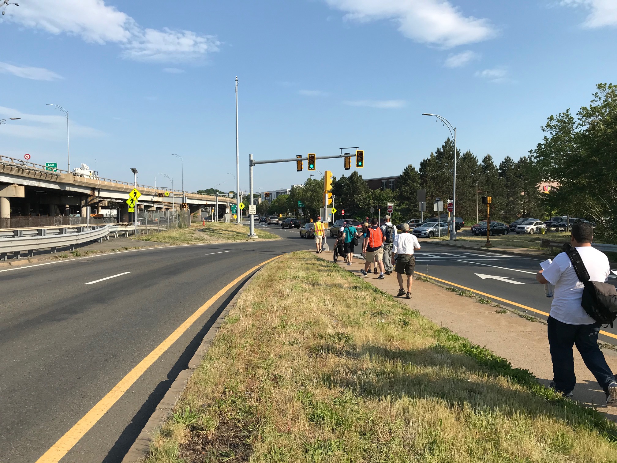 Walking from one side of McGrath Highway to the other along Mystic Avenue requires pedestrians to cross multiple highway ramps and walk along "sidewalks" like this one, in the middle of the roadway.