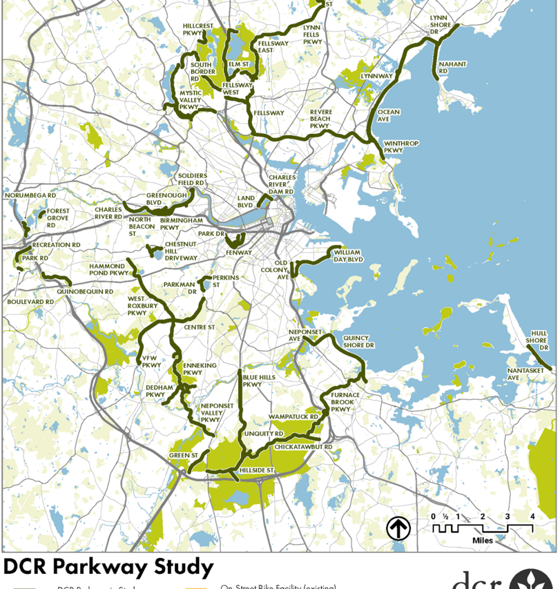 A map of parkways that were to be examined for bike and pedestrian safety improvements in the DCR's 2015 parkways study.