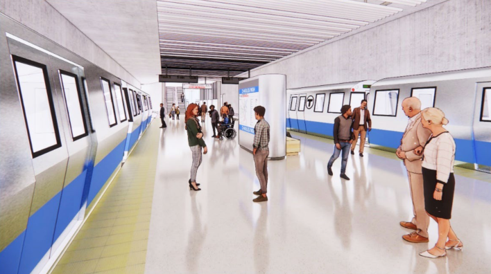A rendering of a future Blue Line platform at Charles/MGH. The new station would link the Blue Line directly to the Red Line via escalators (visible in the background) to the existing Red Line station above Charles Circle. Courtesy of the MBTA.