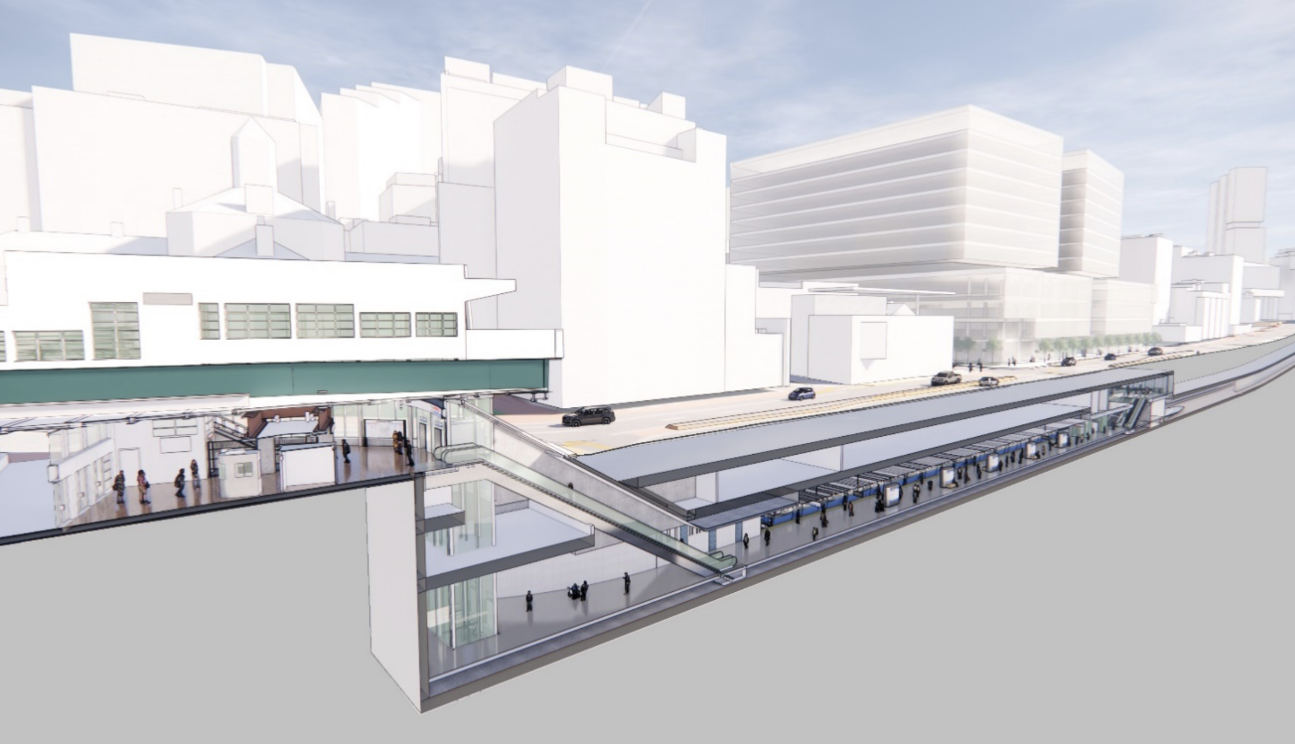 A cutaway view of the new Charles/MGH subway station under Cambridge Street. The existing Red Line station above Charles Circle is visible at left; the proposed new Mass. General Hospital building, in the background at right, would provide a second entry point at the other end of the station. Courtesy of the MBTA.
