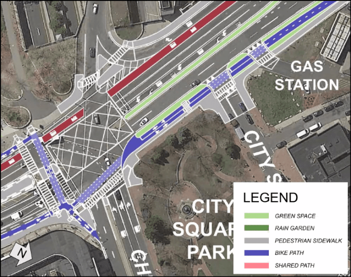 25% design plans for the Rutherford Avenue corridor, showing the City Square area. New bike lanes (in blue) would connect to the North Bank bike path through Paul Revere Park and to the city's new North Washington Street Bridge, while the 111 would get a dedicated lane from the Tobin Bridge ramps to the North End.  Courtesy of MassDOT and the City of Boston.