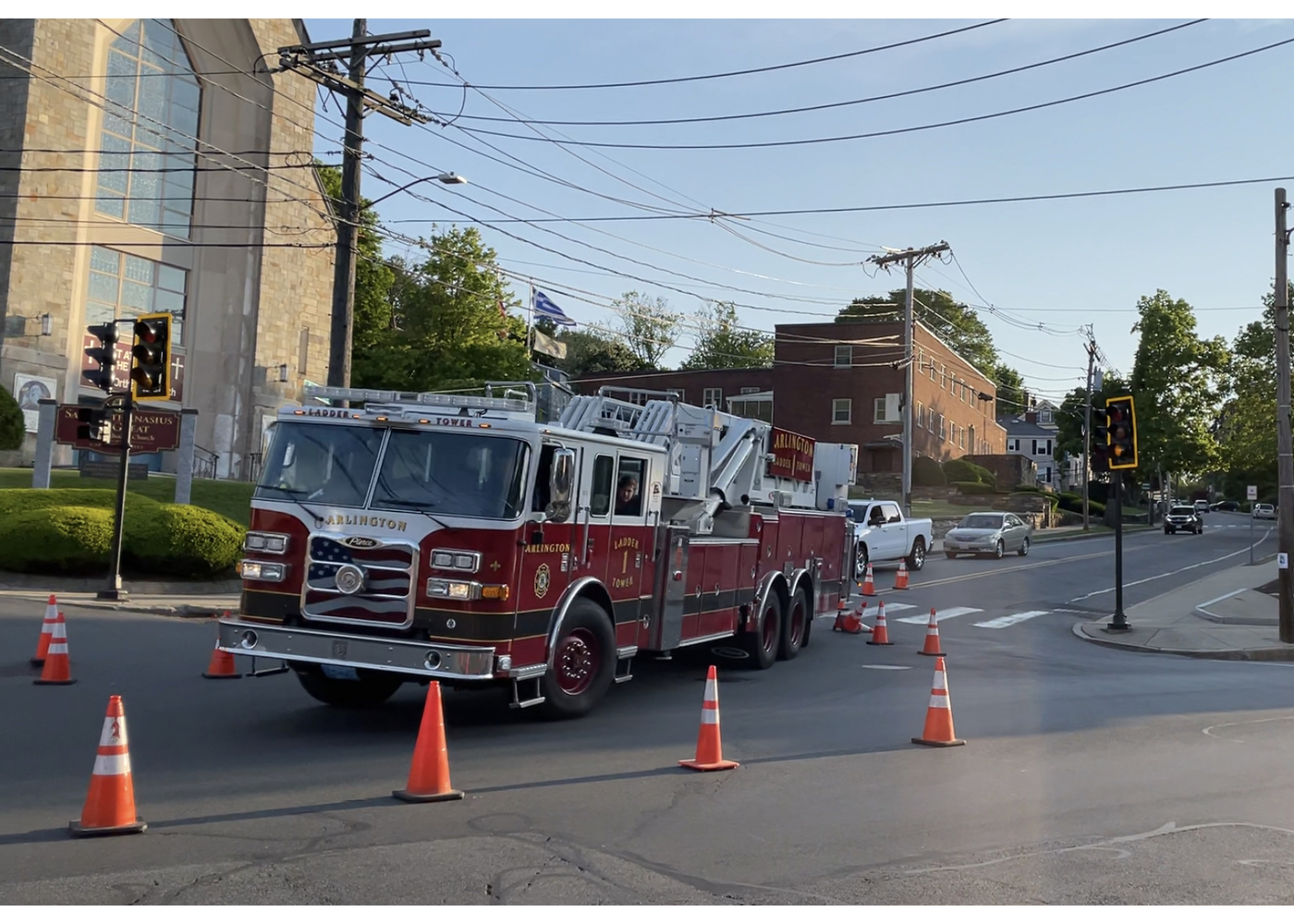 Fire truck turn test on Mass. Ave. and Appleton St. in Arlington