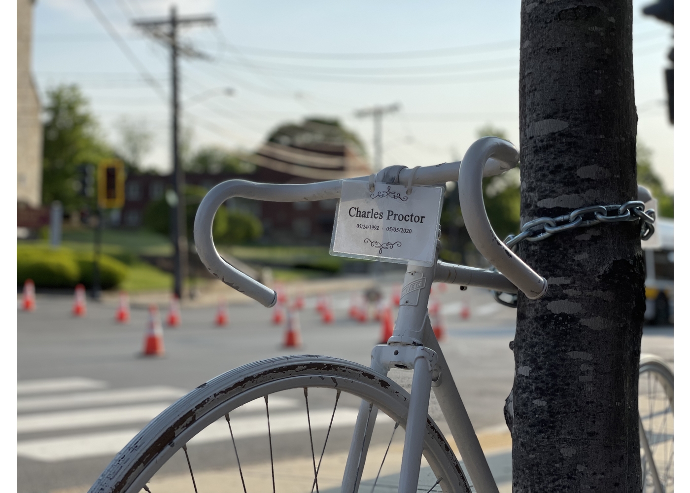 Charles Proctor's ghost bike memorial in Arlington, MA
