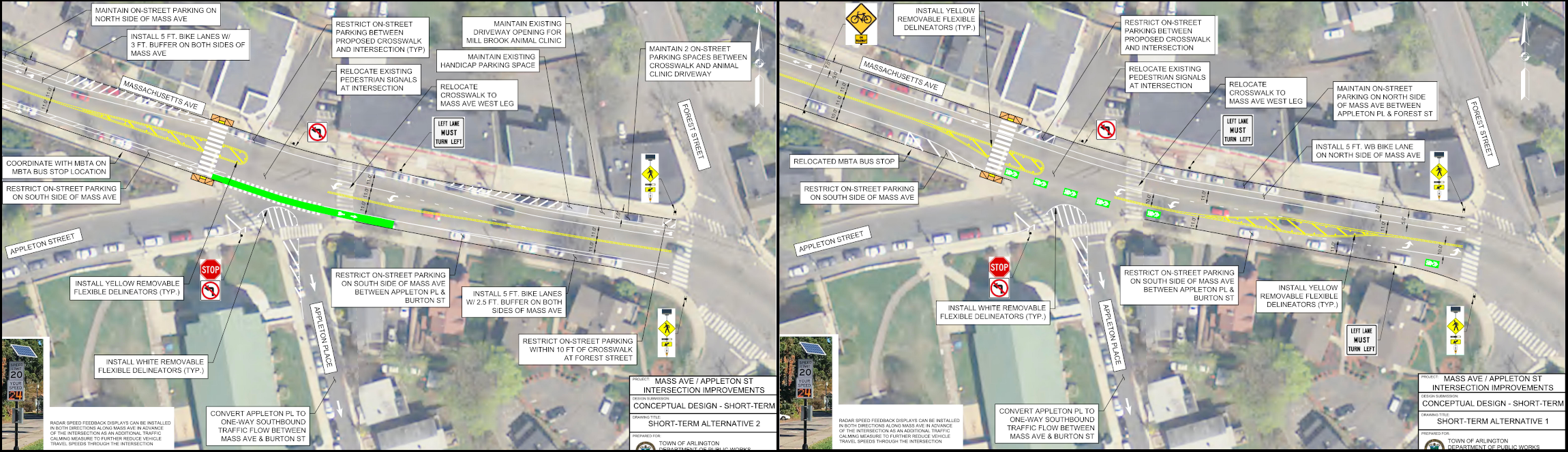 Short-term improvement proposals for Massachusetts Ave. near Appleton St. in Arlington, as of May 2021.