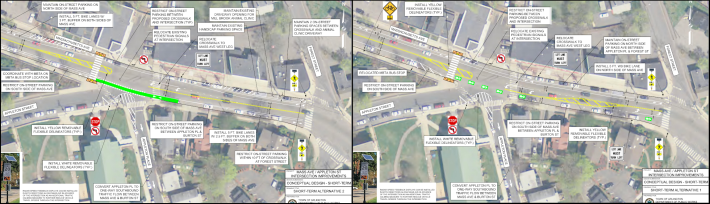 Short-term improvement proposals for Massachusetts Ave. near Appleton St. in Arlington, as of May 2021.