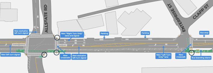 A detail from the city's final design plans for the Mass. Ave. South protected bikeway in the vicinity of Allstate Road and the South Bay Center shopping mall. Courtesy of the City of Boston.