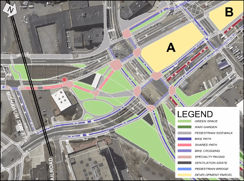 25% design plans for the Rutherford Avenue corridor, showing the reconfigured Sullivan Square. The current traffic circle would be replaced with a grid of streets, new developable lots, and an expansion of the Ryan Playground. Courtesy of MassDOT and the City of Boston.