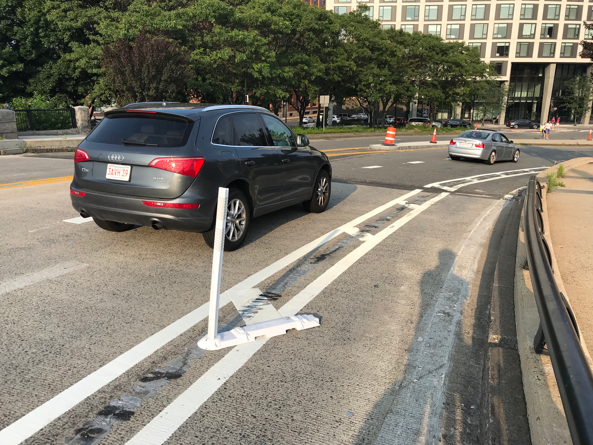 Vandalized flexposts on the Broadway Bridge in South Boston