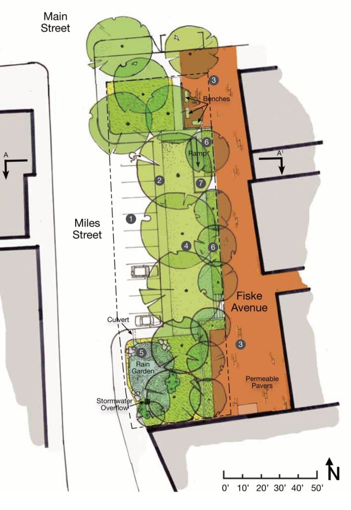 The landscaping plan for a new parking lot-to-park conversion in downtown Greenfield. Courtesy of the City of Greenfield.