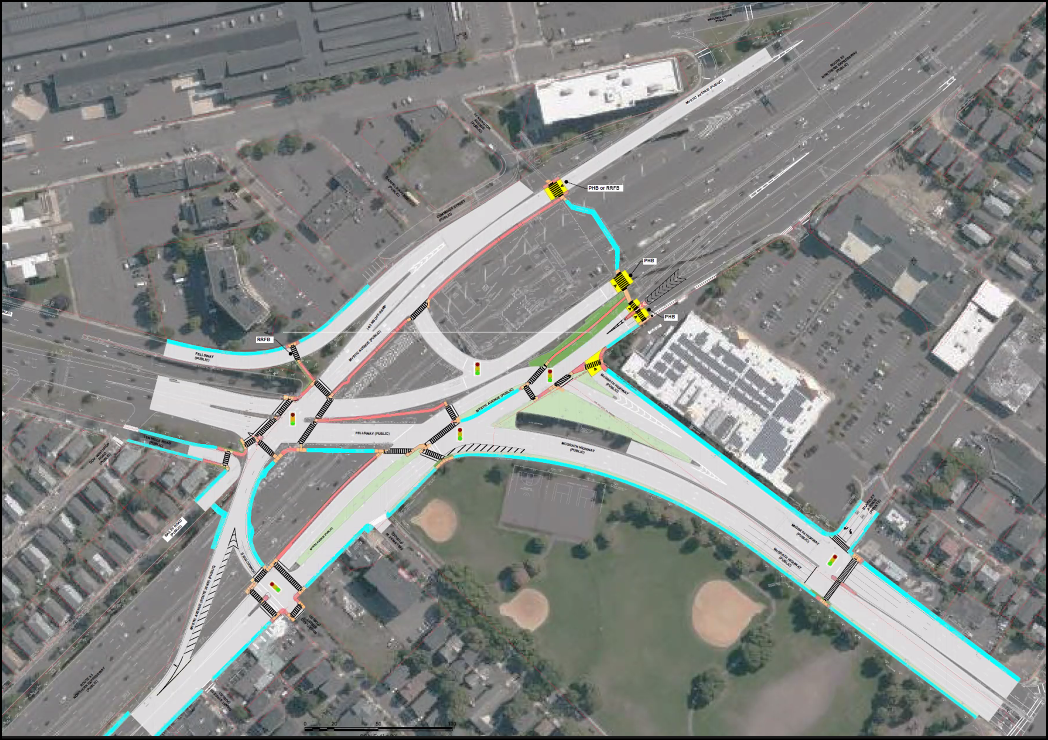 Overview map of sidewalk and crosswalk improvements near the junction of Routes 28 and 38 in Somerville