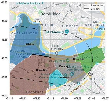 Karpinski analyzed Bluebikes trip data from docks within 1.5 km of the new Commonwealth Ave. bike lanes. Courtesy of Elizabeth Karpinski, from Estimating the effect of protected bike lanes on bike-share ridership in Boston: A case study on Commonwealth Avenue, Case Studies on Transport Policy, 2021.