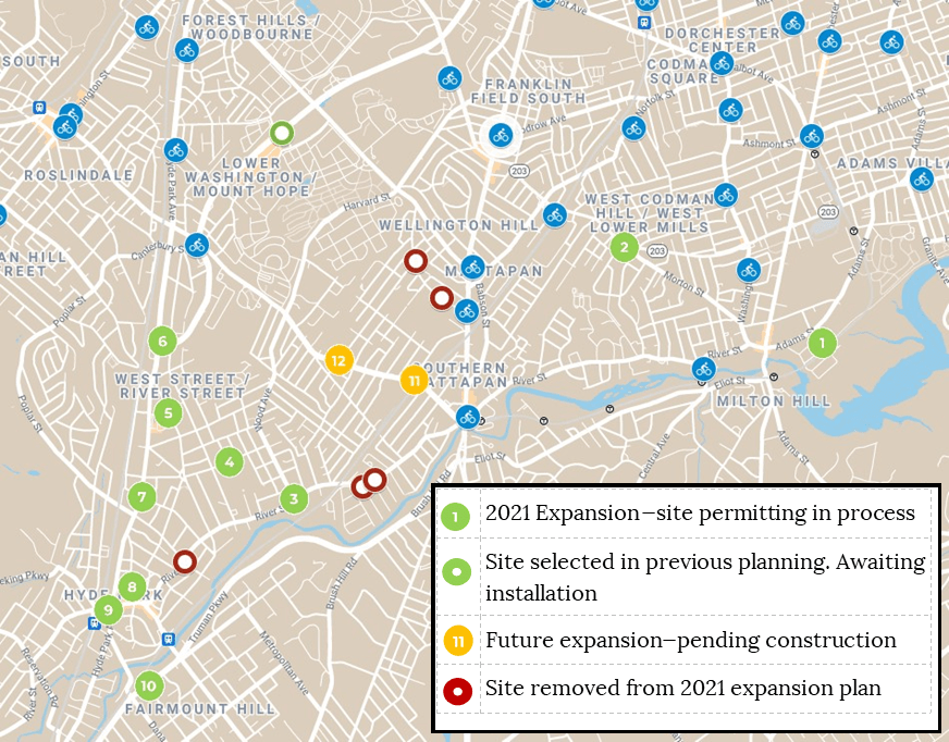 Map of new Bluebikes stations to be installed in Boston's Hyde Park neighborhood later in 2021.