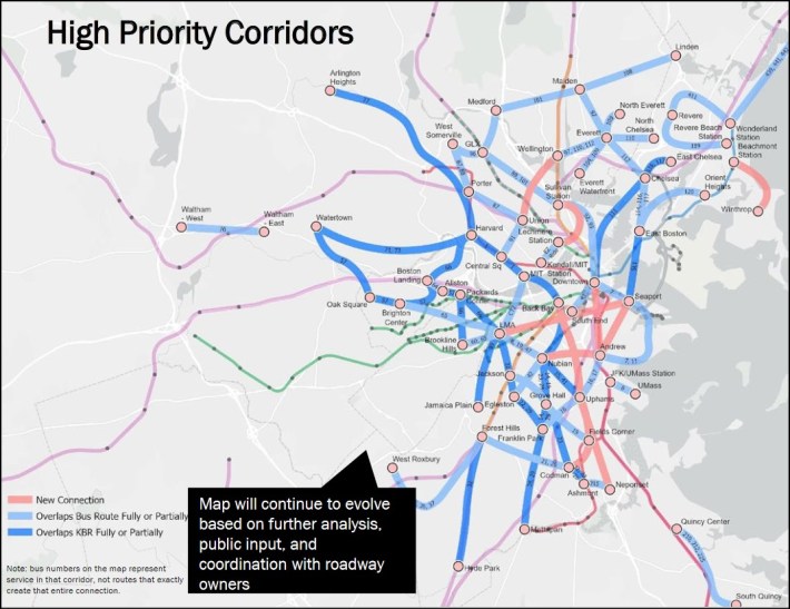 A draft map of "high-priority corridors" to be targeted for better bus service in the MBTA's bus network redesign project.
