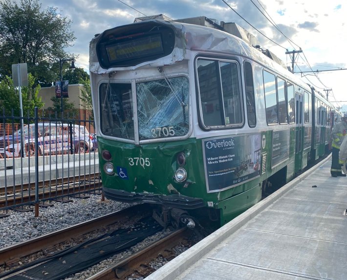 Two Green Line trains collided on Commonwealth Avenue on the evening of Friday, July 30, 2021. Courtesy of the Boston Fire Department.