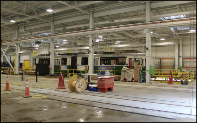 A Green Line train inside the new MBTA maintenance facility in Somerville. Courtesy of the GLX project team.