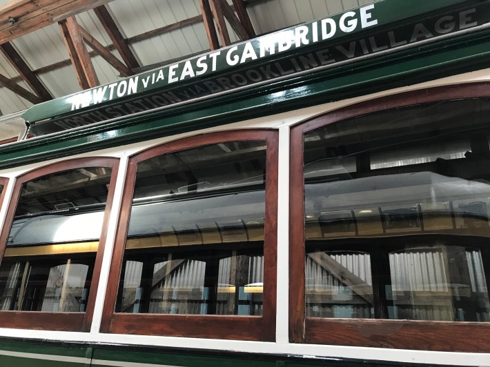 Car 396 from the Boston Elevated Railway Company, built in St. Louis in 1897, at the Seashore Trolley Museum, showing a "Newton Via East Cambridge" destination sign..