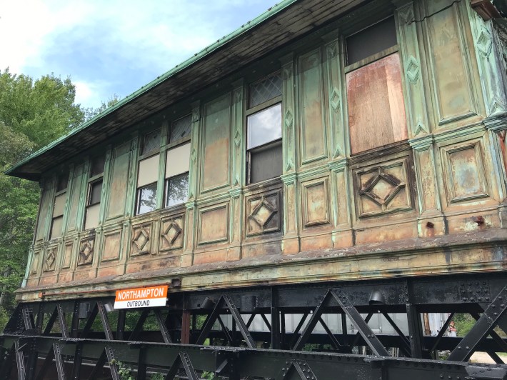 Remnants of the cast-iron Northampton elevated Orange Line station on display at the Seashore Trolley Museum.