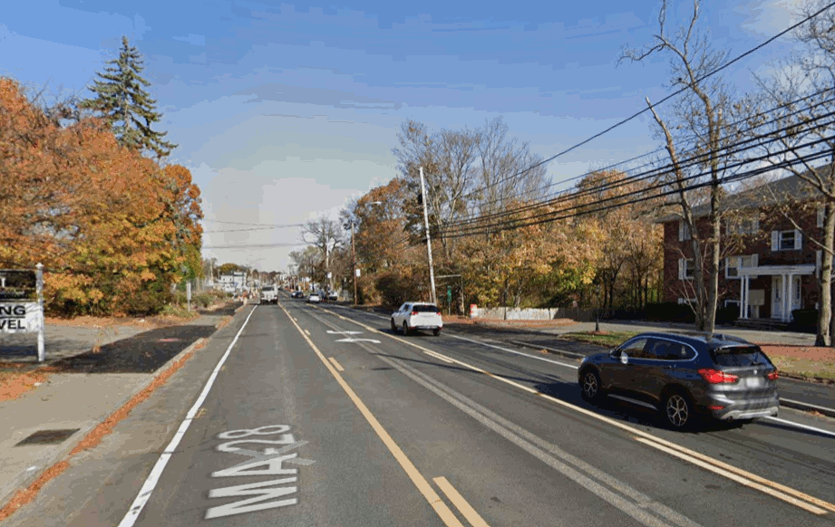Google Street View imagery of Main Street in Reading shows the street before (from 2019) and after (from 2020) a road diet that reduced the number of vehicle lanes on the roadway. Images courtesy of Google.