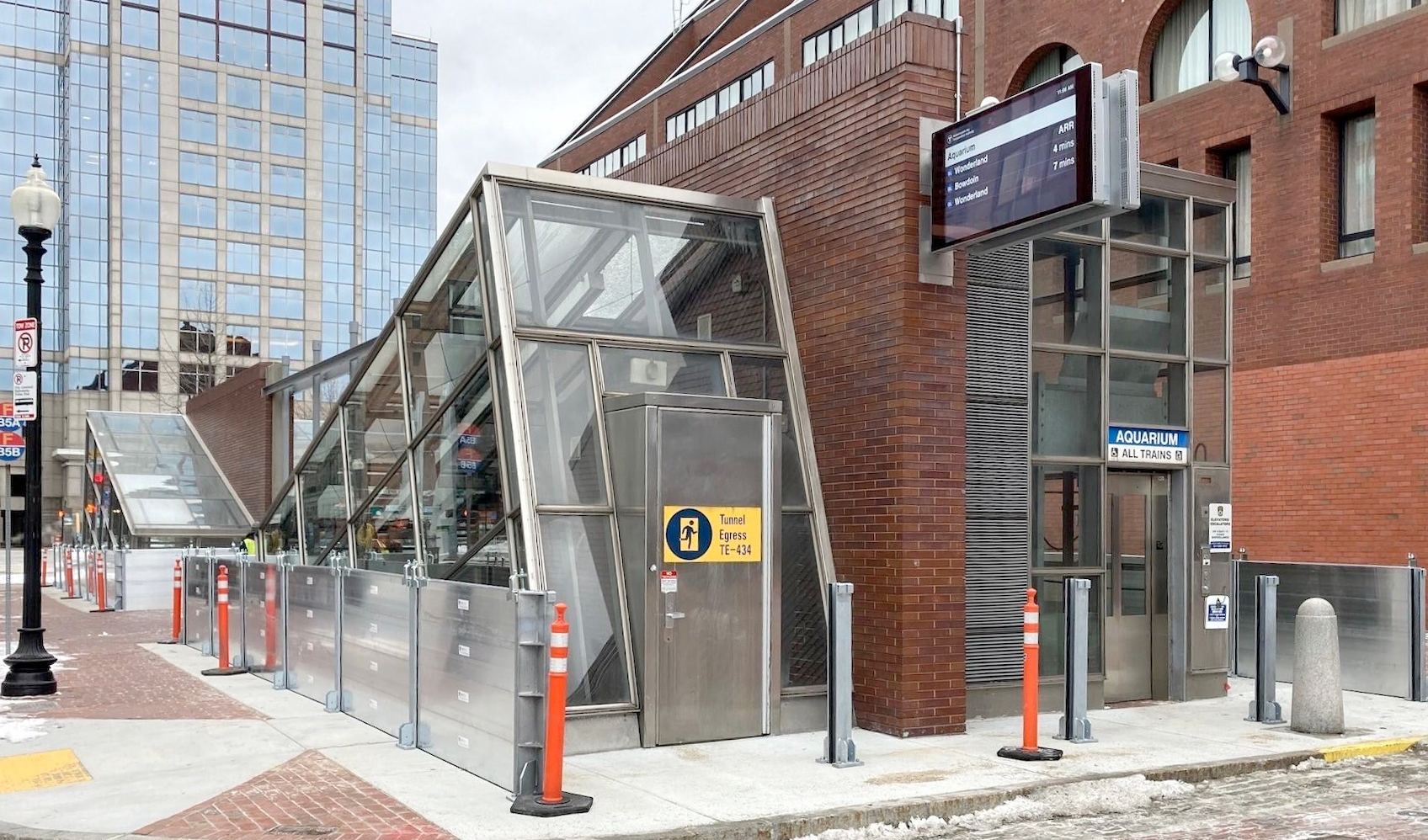 New flood barriers being installed outside the Aquarium MBTA station on the Boston waterfront
