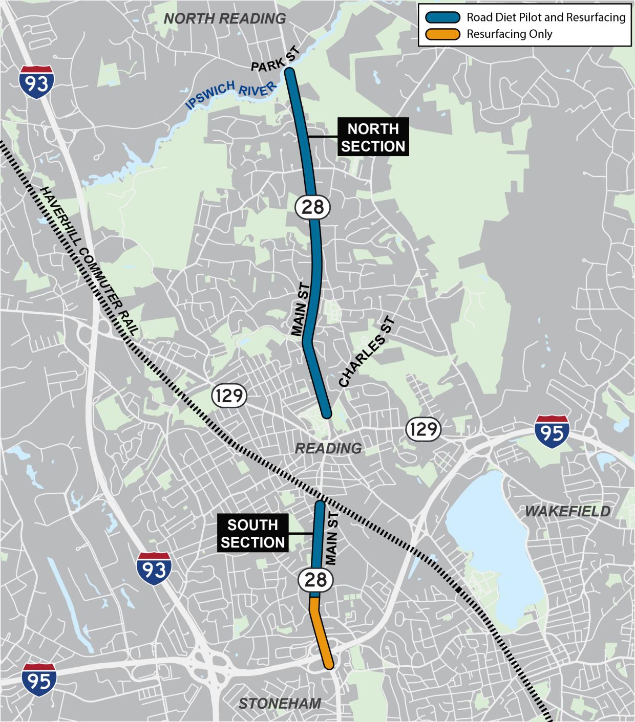 A map of the Route 28 road diet project area in Reading. Segments in blue indicate parts of Main Street where the number of lanes on the roadway were reduced from 4 to 3. The orange segment, near Route 128, and the town-maintained central section in downtown Reading retained a four-lane cross-section. Courtesy of MassDOT.